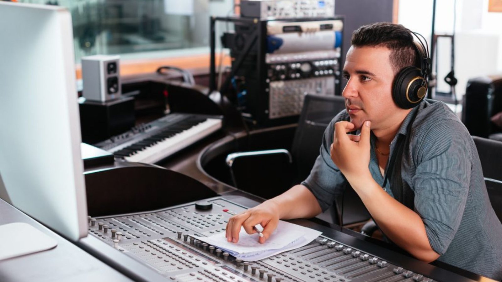 a male music producer in a studio putting on headphones showing a top music producer