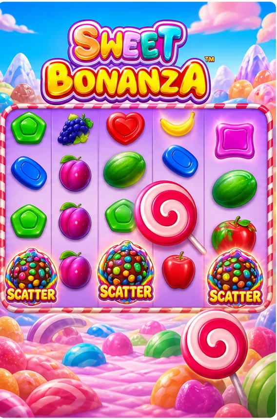 Sweet Bonanza reel ekranı ve scatter sembolleri